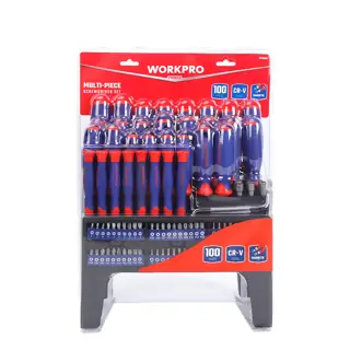 طقم مفكات براغي 100 قطعة من فولاذ الكروم فاناديوم مع رؤوس دقيقة وحامل مغناطيسي – WORKPRO