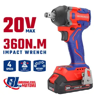 مفك صدمات 20 فولت بدون فحمات 360 نيوتن متر 1/2 بوصة – WORKPRO