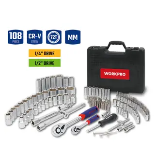 طقم أدوات ميكانيكية 108 قطعة، رؤوس 1/4 و 1/2 بوصة، فولاذ CR-V، قابلية حمل منظمة – WORKPRO